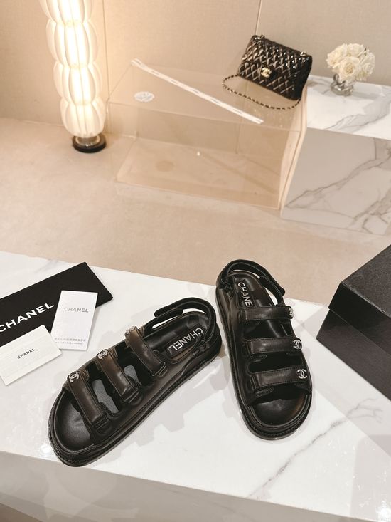 Chanel Three Strap Hook and Loop Leather Slide Sandals