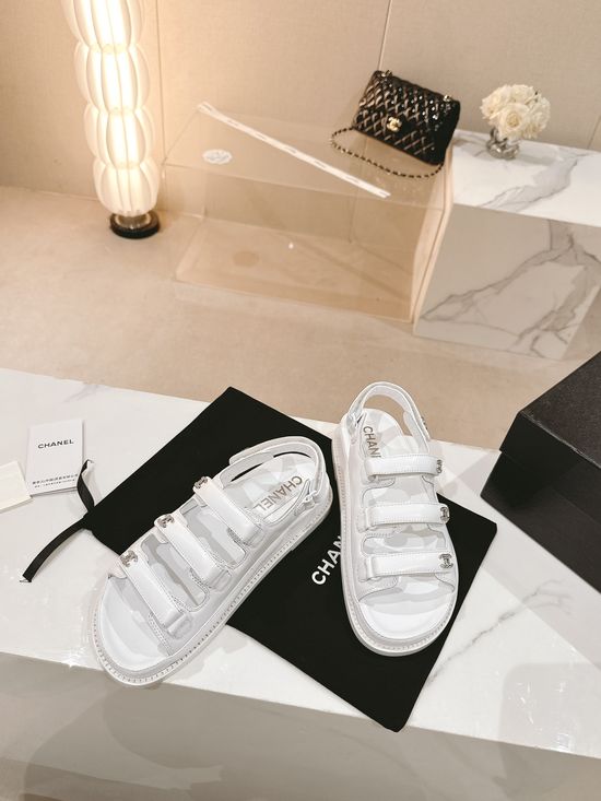 Chanel Three Strap Hook and Loop Leather Slide Sandals