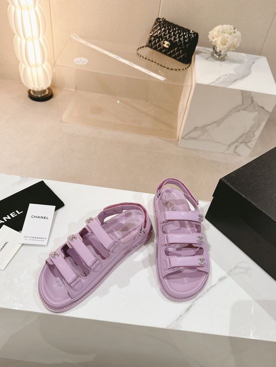 Chanel Three Strap Hook and Loop Leather Casual Slides