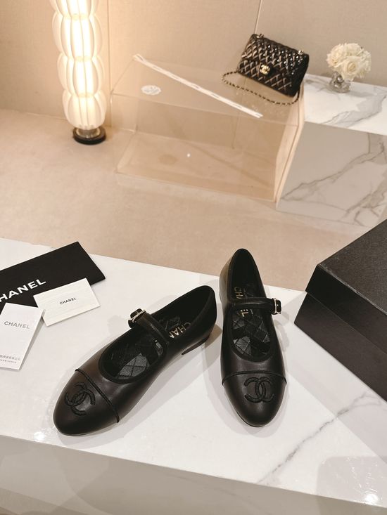Chanel Embroidered Logo Round Toe Leather Flat Mary Janes