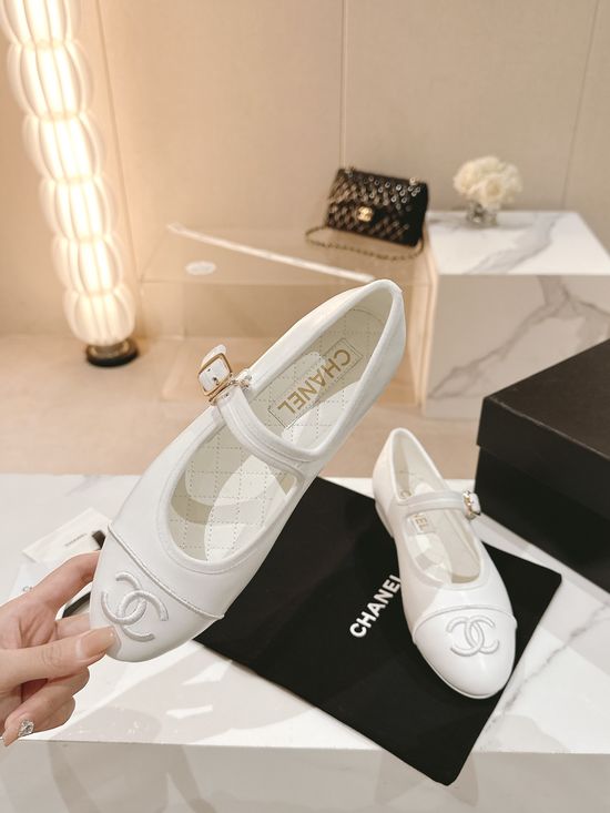 Chanel Embroidered Logo Round Toe Leather Flat Mary Janes