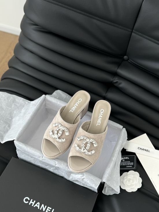 Chanel Rhinestone Buckle Suede Casual Slide Slippers