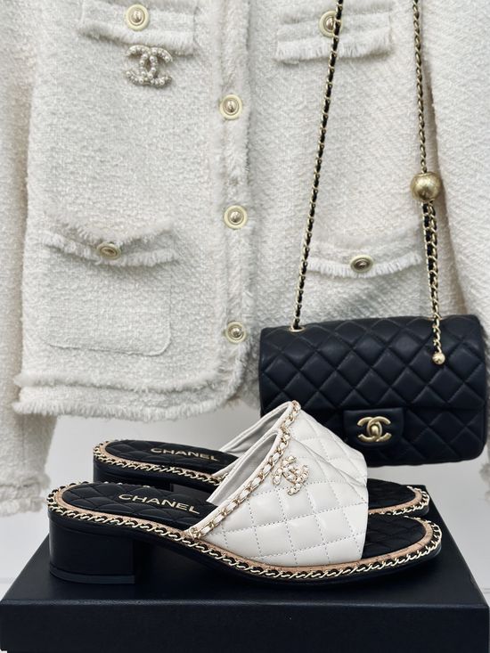 Chanel Chain Decor Block Heel Slides Premium Sheepskin Upper