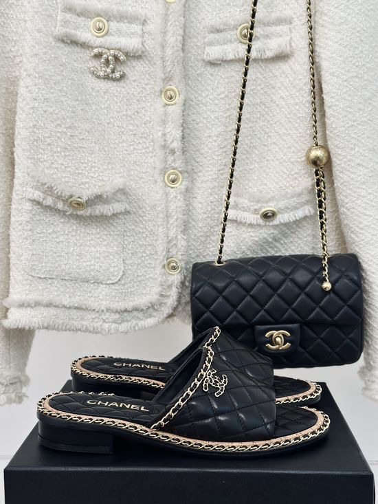 Chanel Chain Decor Block Heel Slides Premium Sheepskin Upper
