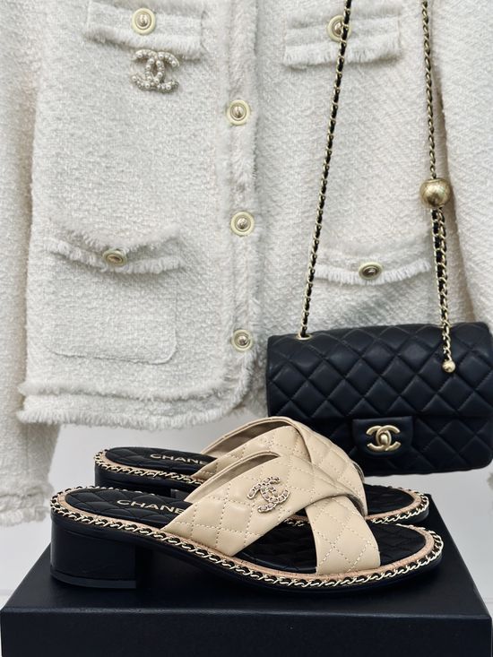 Chanel Block Heel Chain Decor Slip On Sandals