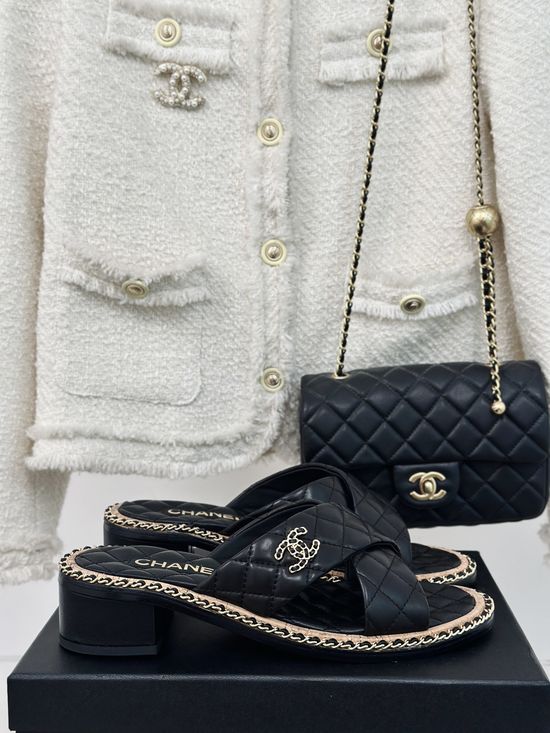 Chanel Block Heel Chain Decor Slip On Sandals