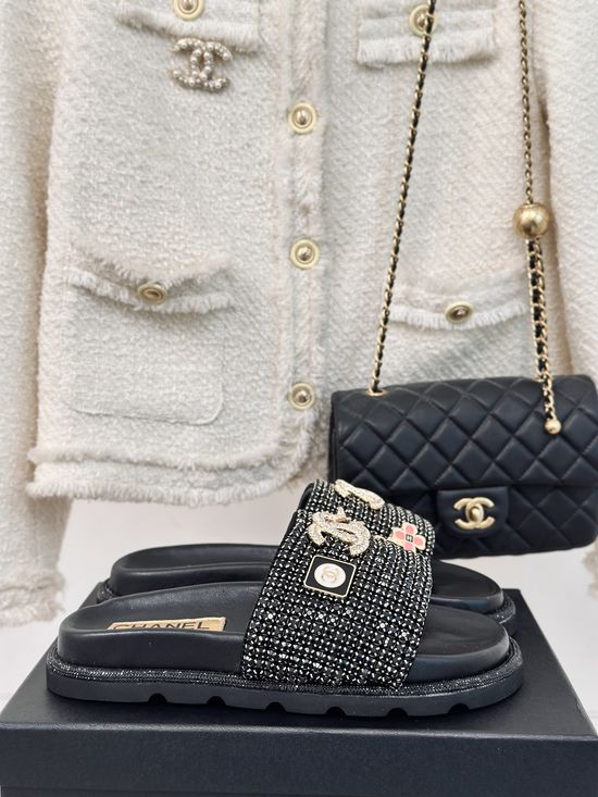 Chanel Sequin Rhinestone Slip On Slides Soft Silk Insole