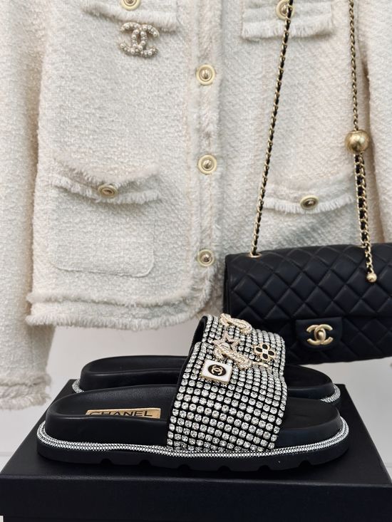 Chanel Sequin Rhinestone Slip On Slides Soft Silk Insole