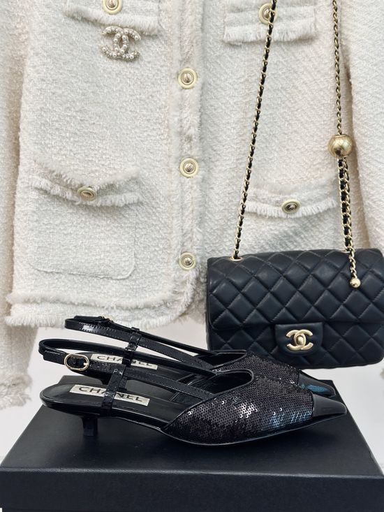 Chanel Kitten Heel Pointed Toe Leather Sandals