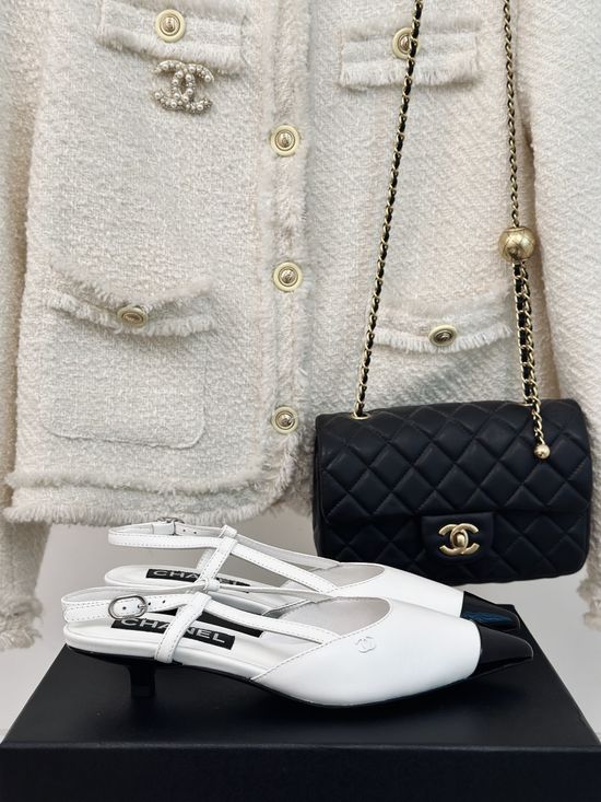 Chanel Kitten Heel Pointed Toe Leather Sandals