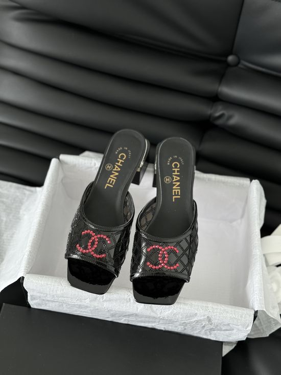 Chanel Rhinestone Decor Genuine Leather Slide Sandals