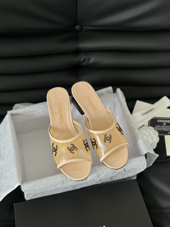 Chanel Rhinestone Decor Genuine Leather Slide Sandals