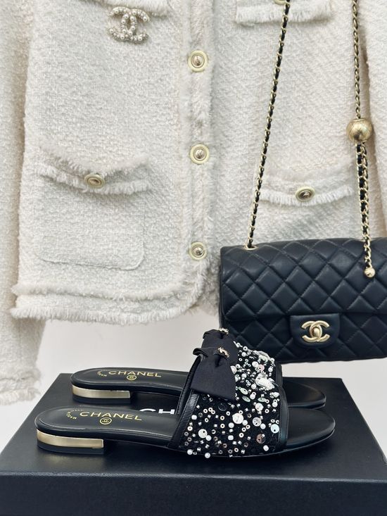 Chanel Bow Crystal Slides Shiny Rhinestone Sheepskin Upper
