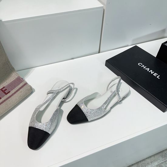 Chanel Rhinestone Two-tone Slingback Flat Block Heel Sandals