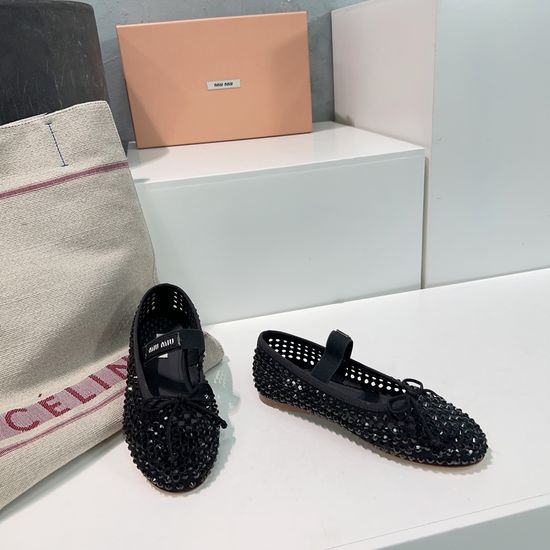 Miu Miu Rhinestone Mesh Ballet Flats Soft Leather Insole