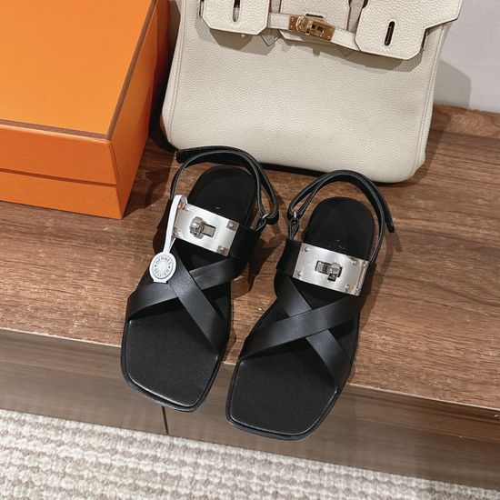 Hermes Elegant Leather Sandals with Decorative Crystal Buckles