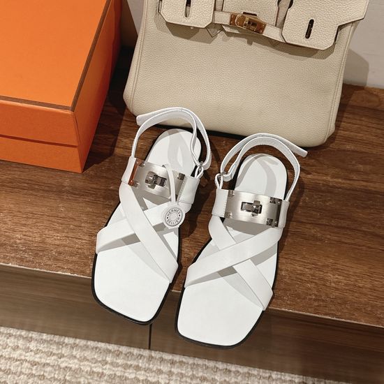 Hermes Elegant Leather Sandals with Decorative Crystal Buckles