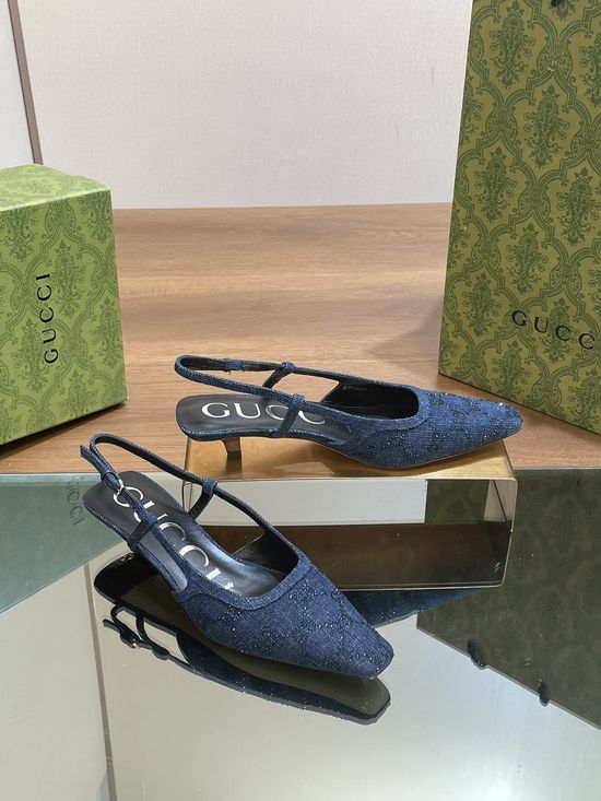 Gucci Denim Rhinestone Square Toe Low Heel Mule Sandals