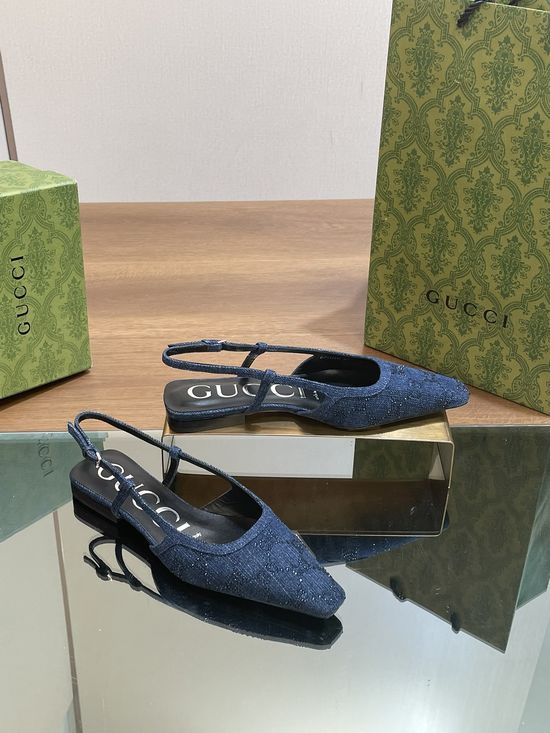 Gucci Denim Rhinestone Square Toe Flat Mule Sandals