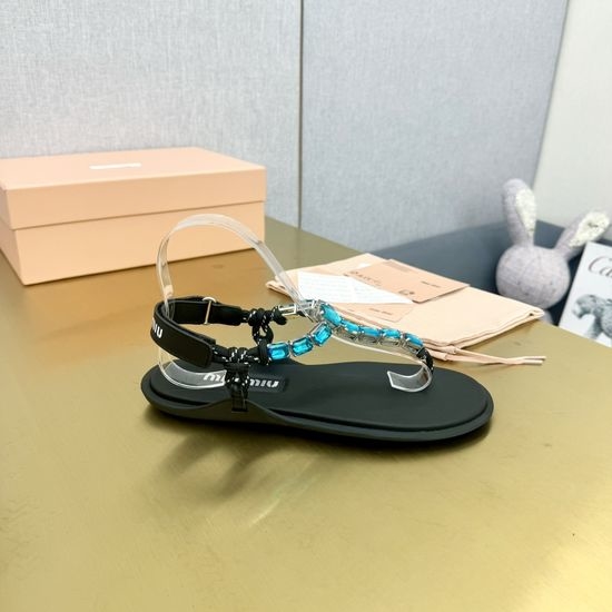 Miu Miu Rhinestone Chain Leather Thong Casual Dress Sandals