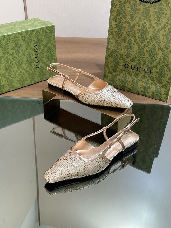 Gucci Shiny Embellished Square Toe Flat Genuine Leather Sandals