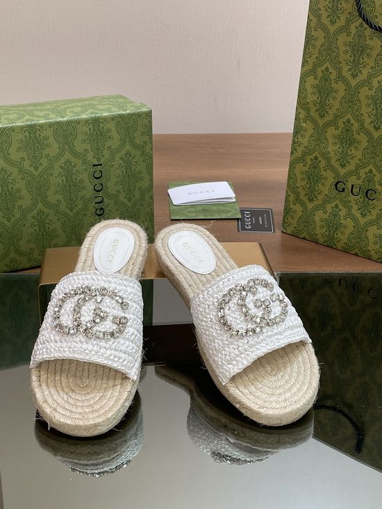 Gucci Woven Raffia Thick Sole Slides with Decorative Buckle