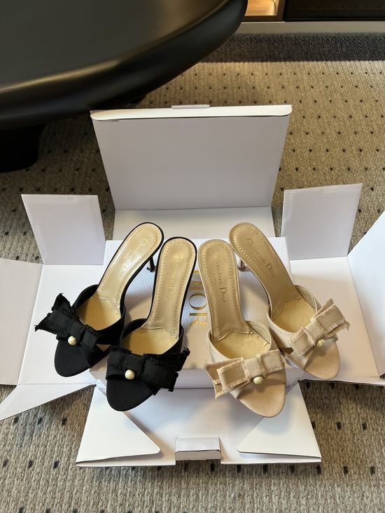 Christian Dior Tassel Bow Pearl Decor Kitten Heel Slides