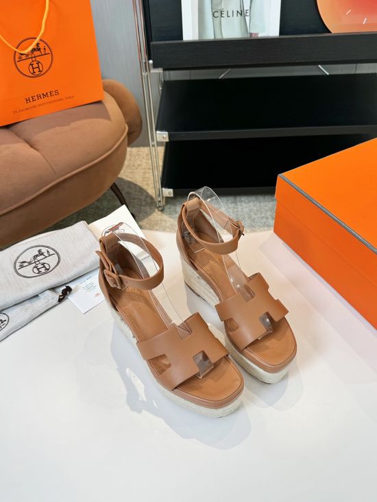 Hermes Espadrille Wedge Sandals Premium Leather Comfortable Retro Style