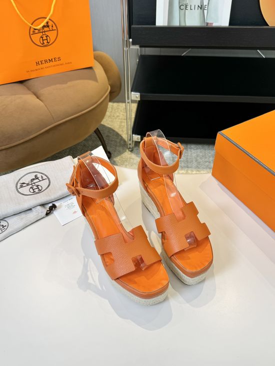 Hermes Espadrille Wedge Sandals Premium Leather Comfortable Retro Style