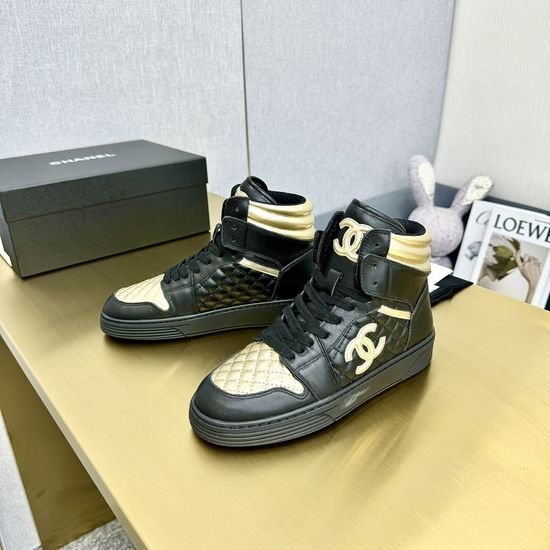 Chanel Genuine Leather High Top Casual Shoes with Rhinestone Buckle