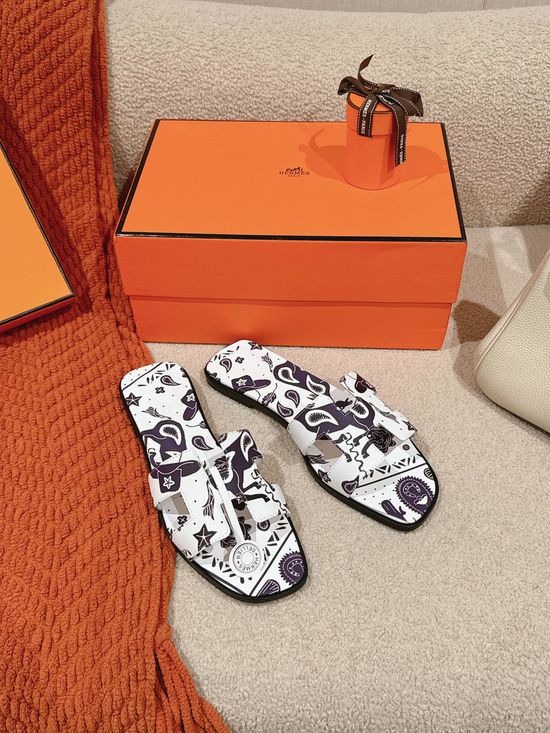 Hermes Exclusive Leather Slippers with Silk Scarves