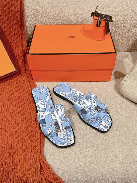 Hermes Exclusive Leather Slippers with Silk Scarves