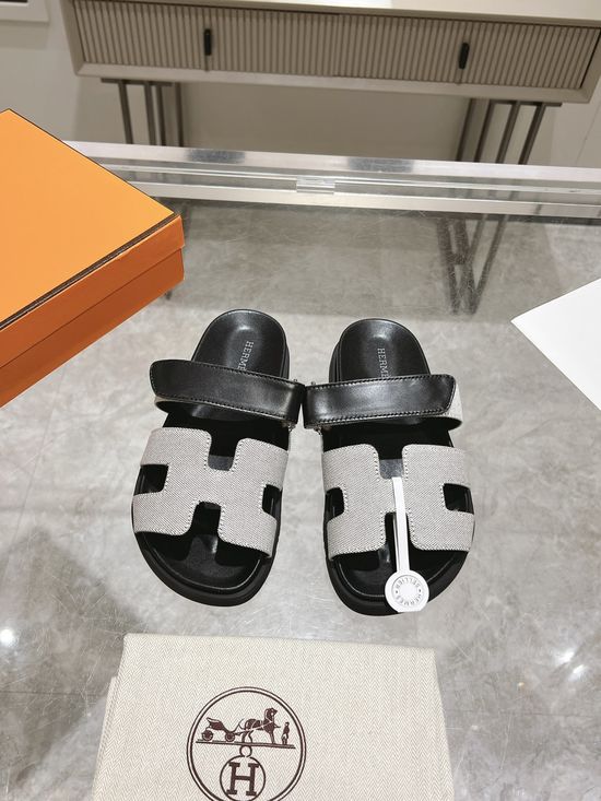 Hermes Plaid Leather Comfortable Slide Sandals Premium Quality Non-slip Sole