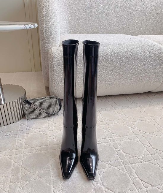 Yves Saint Laurent YSL Patent Leather High Heel Knee High Boots Leather Sole
