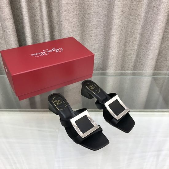 Roger Viver RV Premium Leather Upper Chunky Heel Slide Sandals
