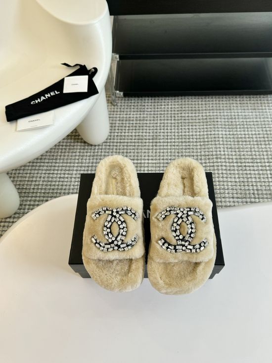 Chanel Rhinestone Accent Wool Fuzzy Slippers Rubber Sole
