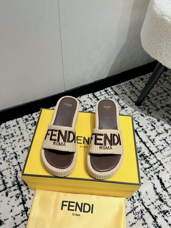Fendi Woven Platform Wedge Slip-on Casual Slides