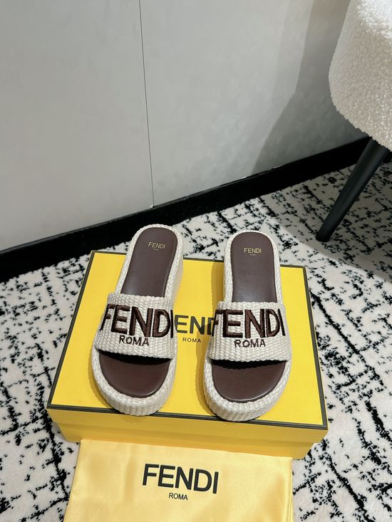 Fendi Woven Platform Wedge Slip-on Casual Slides