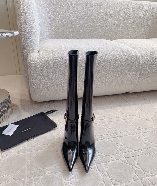 Yves Saint Laurent YSL Patent Leather Block Heel Knee High Boots Leather Sole