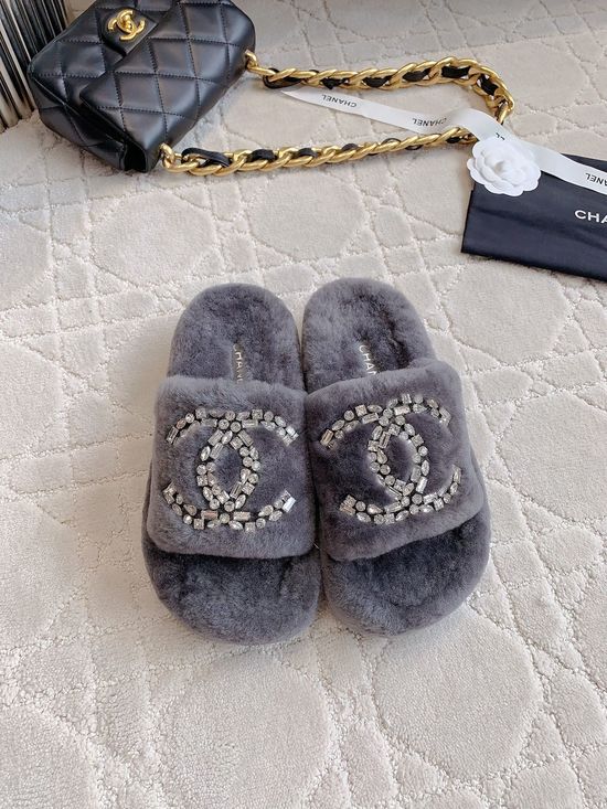 Chanel Wool Fuzzy Rhinestone Slippers Warm Soft Non Slip Casual Shoes