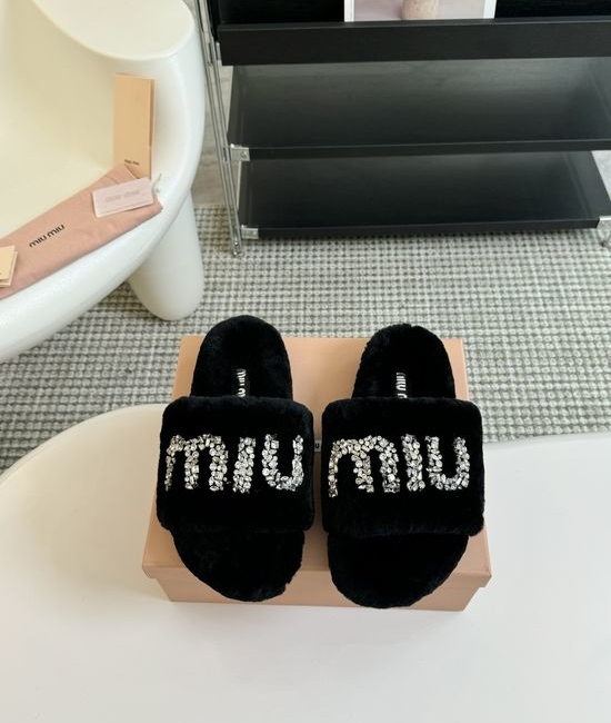 Miu Miu Rhinestone Decor Wool Platform Slippers TPU Non Slip Sole