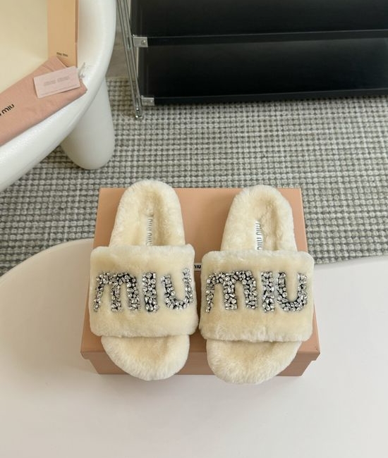 Miu Miu Rhinestone Decor Wool Platform Slippers TPU Non Slip Sole