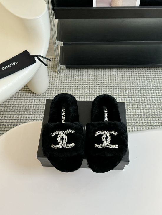 Chanel Rhinestone Decor Genuine Wool Fur Lined Platform Slippers