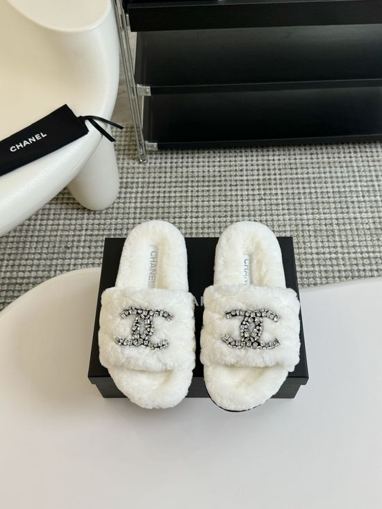 Chanel Rhinestone Decor Genuine Wool Fur Lined Platform Slippers