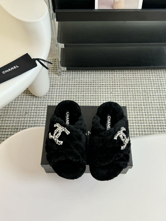 Chanel Rhinestone Decor Genuine Wool Fur Lined Platform Slippers
