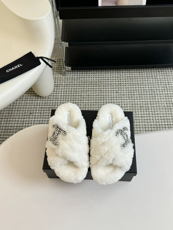 Chanel Rhinestone Decor Genuine Wool Fur Lined Platform Slippers