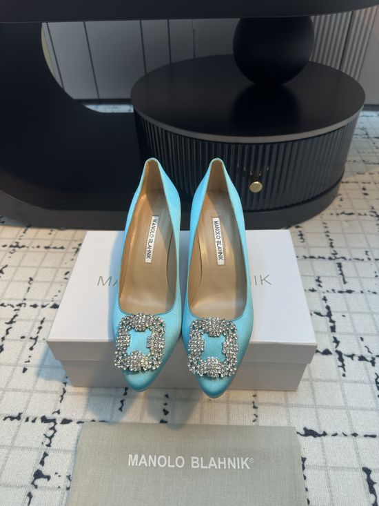 Manolo Blahnik Elegant Satin High Heels with Crystal Buckle for Weddings
