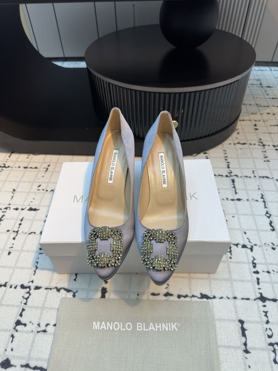 Manolo Blahnik Elegant Satin High Heels with Crystal Buckle for Weddings