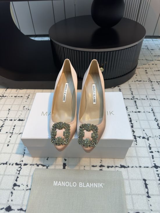 Manolo Blahnik Elegant Satin High Heels with Crystal Buckle for Weddings