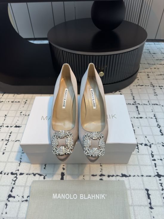 Manolo Blahnik Elegant Satin High Heels with Crystal Buckle for Weddings